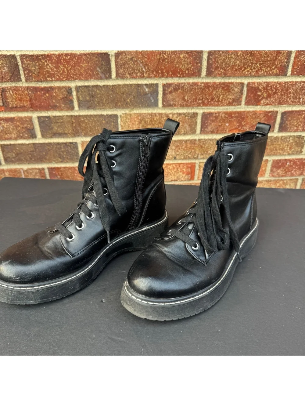 Madden NYC Black Lace-Up Synthetic Leather Ankle Boots with Side Zipper
